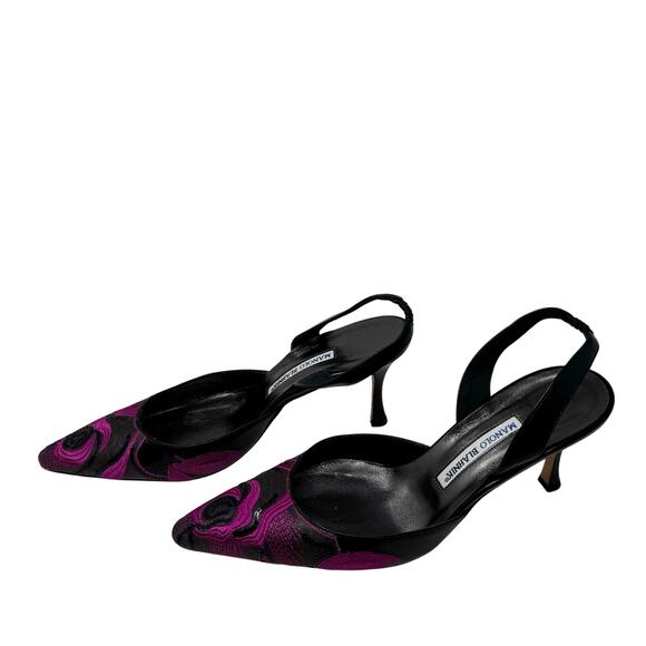 Manolo Blahnik Embroidered Slingback Pumps Black Pink Sequin Pointed Toe 41 - Picture 3 of 5
